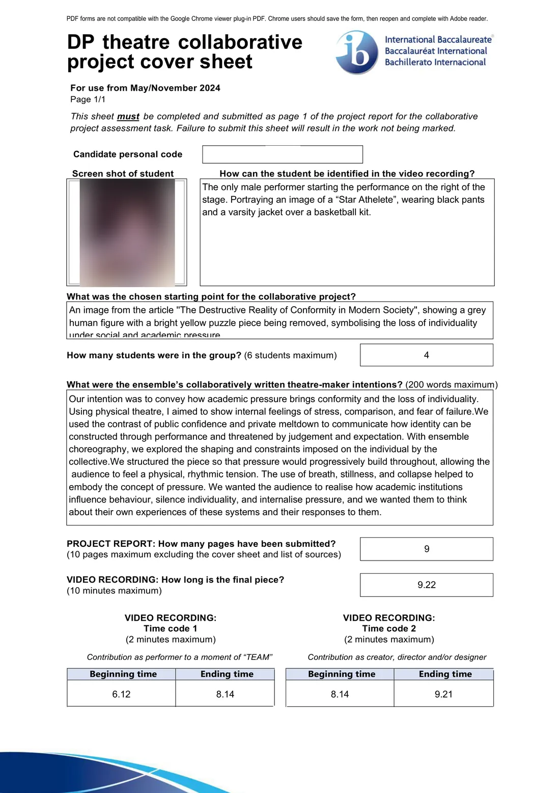 The official IB cover sheet for the project, with the student photo blurred and candidate code removed